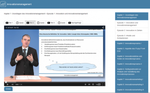 Bild 1: Webpage der Veranstaltung „Innovationsmanagement“. Auf der rechten Seite findet sich die Navigationsleiste, mit der einzelne Kapitel und Episoden angesteuert werden können. Die Reiter (Tabulatoren) über dem Video dienen der Binnennavigation innerhalb einer Episode, die aus drei kurzen Vortragselementen, ebenso vielen kleinen Quizzes sowie einem kurzen Element „Nachgefragt“ besteht. 
