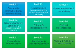 Abbildung 2: Übersicht über die Blöcke des Moduls ‚Wissenschaftliches Schreiben im MINT-Bereich’.