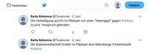 Tweetverlauf von Karla Kolumna aus dem Gerichtssaal (Sommersemester 2017).