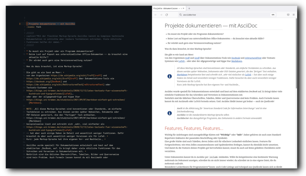 Screenshot des Asciidoc-Artikels im Texteditor (links) und als HTML-Seite (rechts)