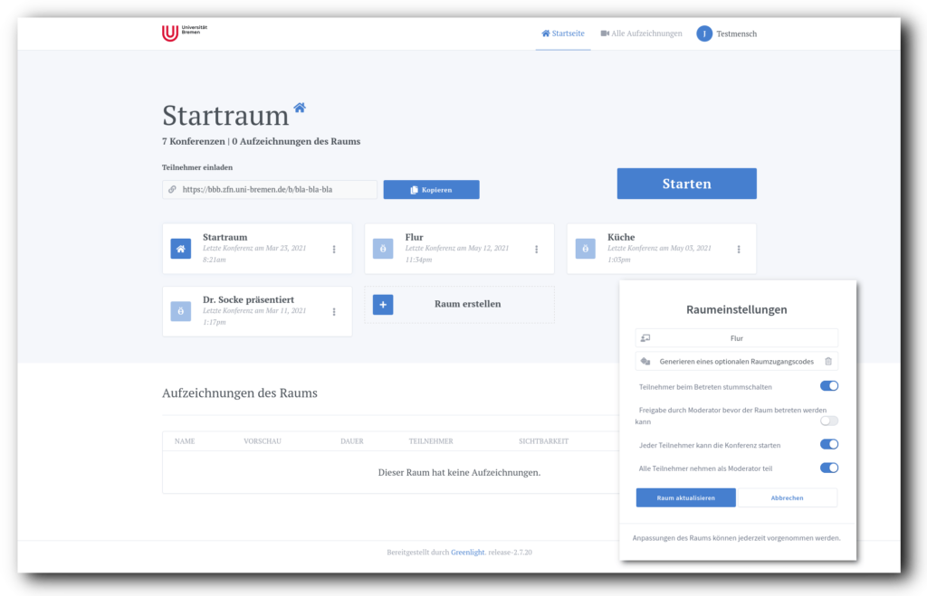 Screenshot des "Greenlight"-Portals vom ZfN für BigBlueButton, in dem dauerhafte BBB-Räume angelegt werden können.