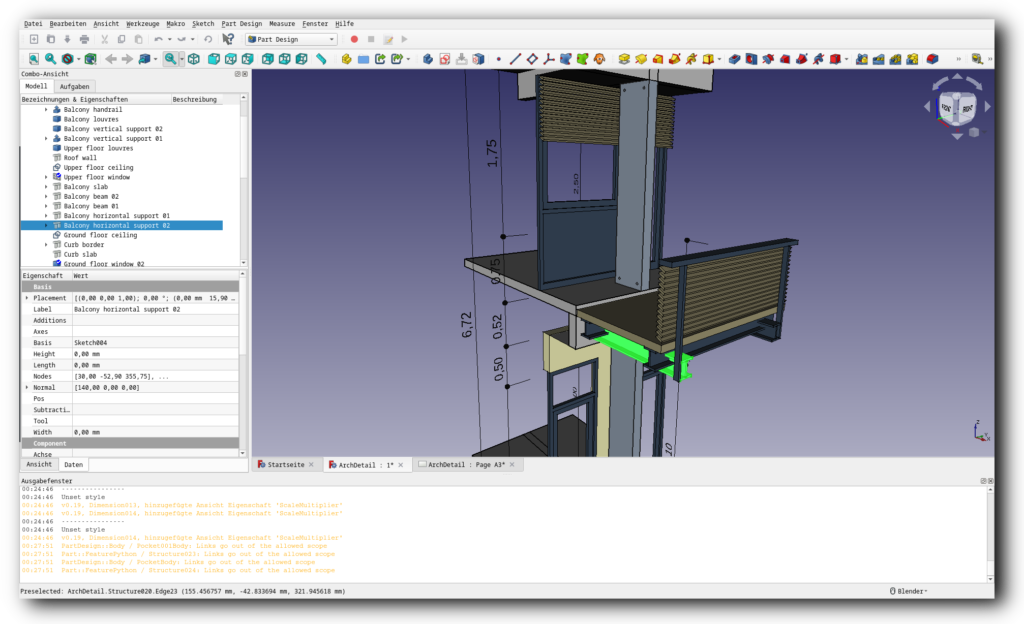 Screenshot der freien CAD-Software FreeCAD; 3D-Ansicht eines Gebäudeteils