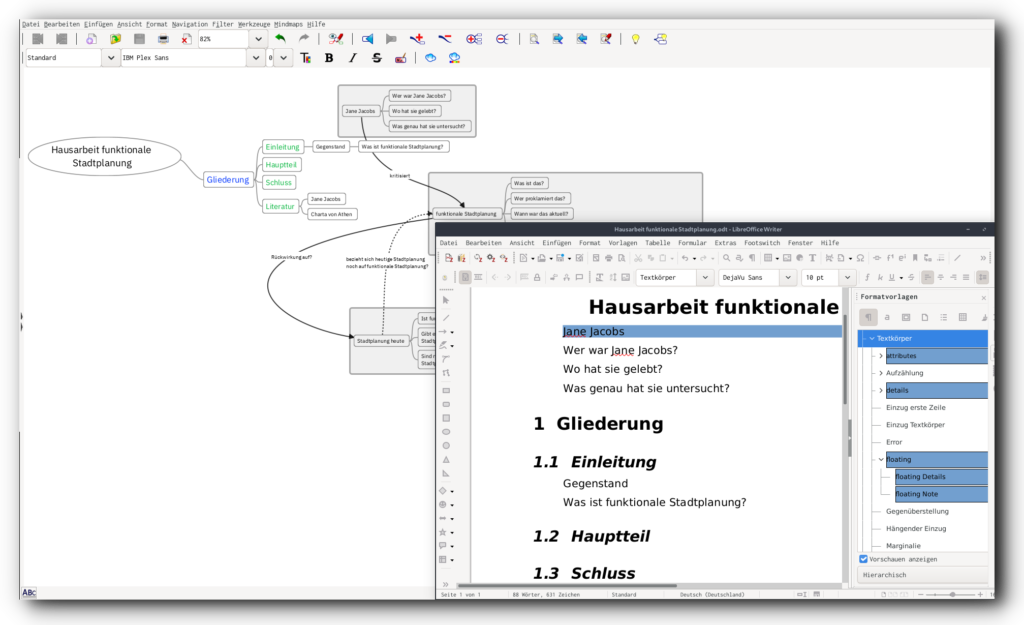 Screenshot von Freeplane und einer Mind-Map als LibreOffice-Dokument