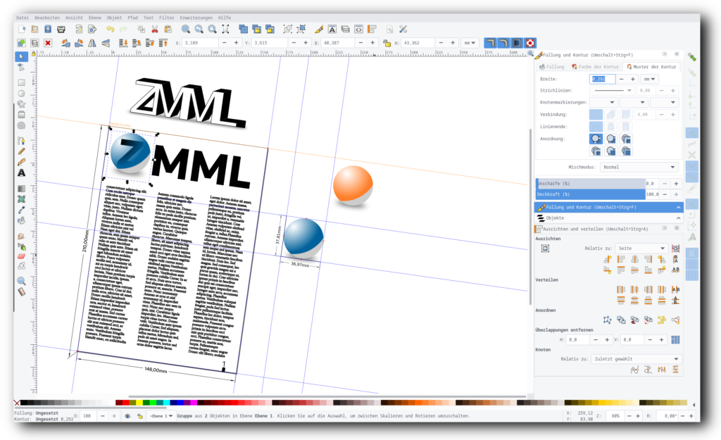 Screenshot von Inkscape mit einem Seitenlayout und mehreren Logo-Varianten für eine fiktive Zeitschriften-Titelseite