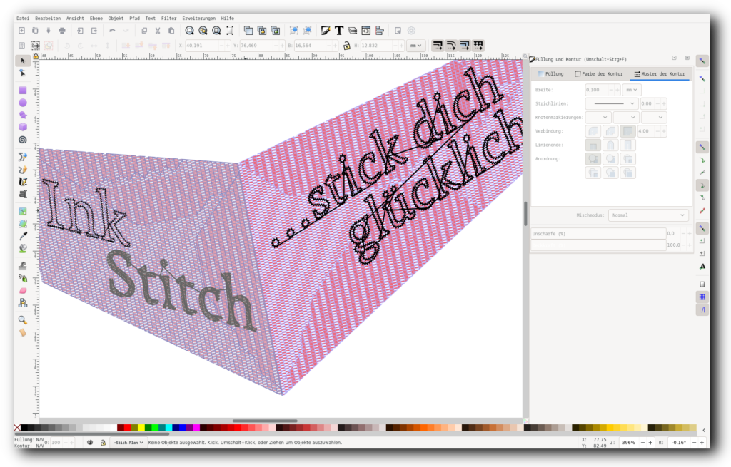 Screenshot von Inkscape und einem Stickmuster, das mit der Erweiterung Ink/Stitch erstellt wurde