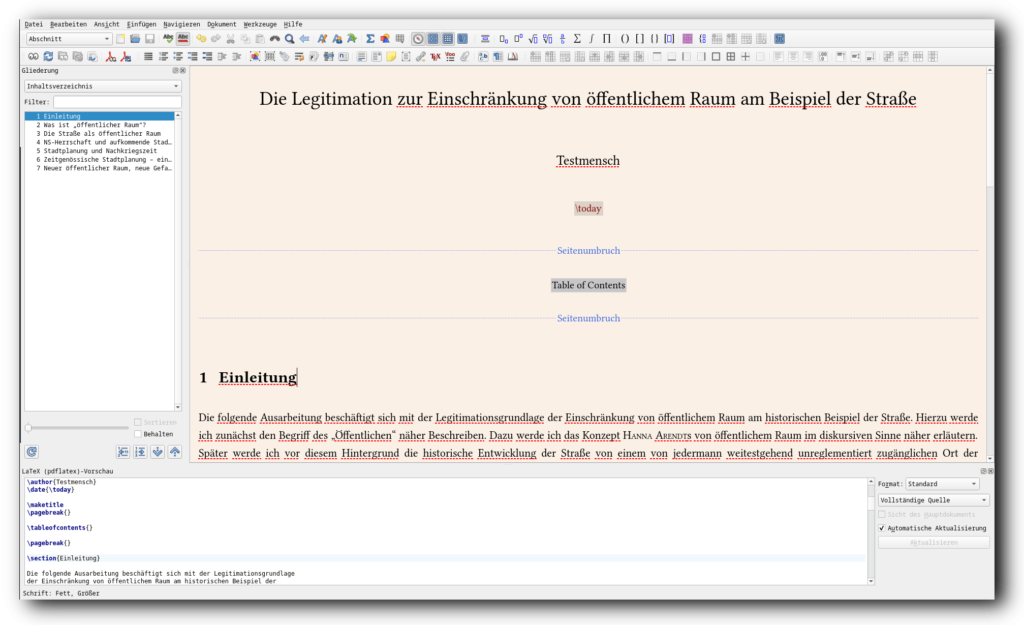 Screenshot vom LaTeX-Editor Lyx mit einer Hausarbeit; links das Inhaltsverzeichnis, unten die reine LaTeX-Vorschau