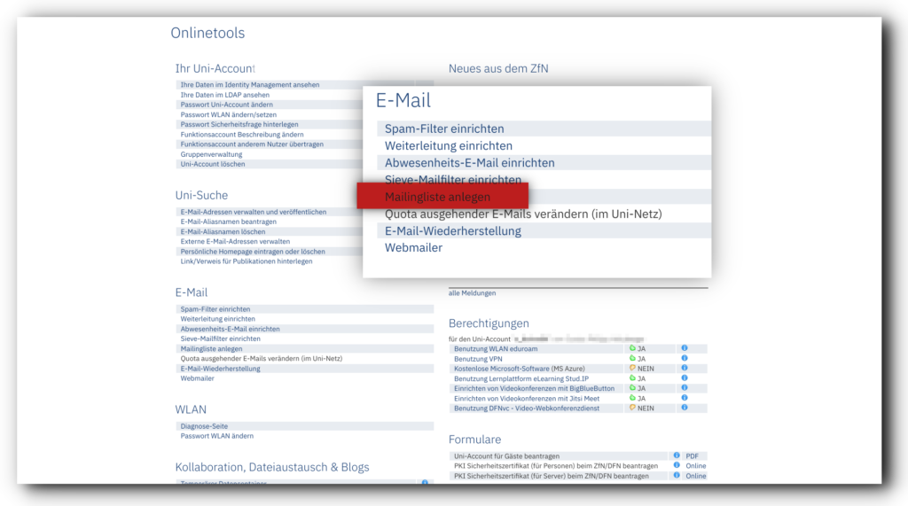 Screenshot der "Onlinteools"-Webseite des ZfN mit der hervorgehobenen Option "Mailingliste"