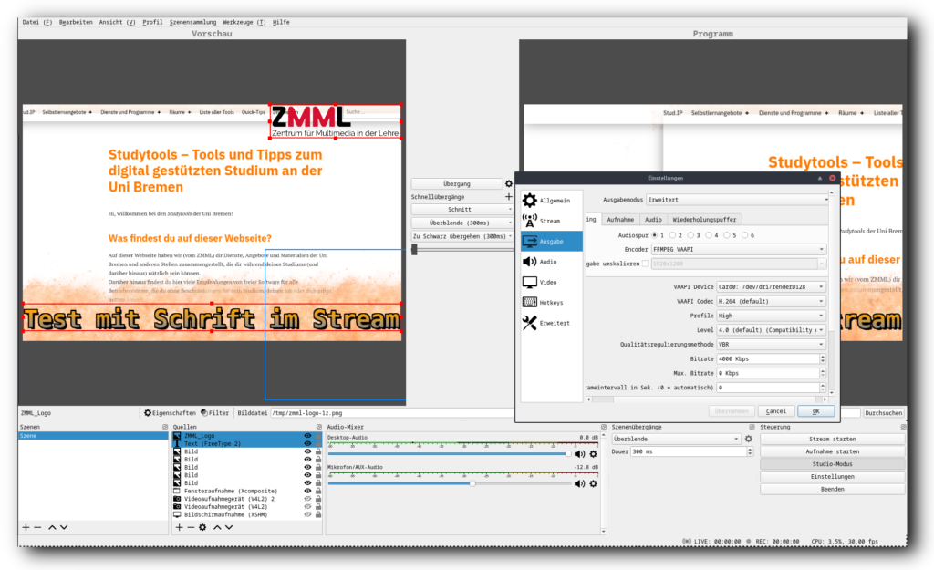Screenshot von OBS-Studio in der Studio-Ansicht und Einstellungen für die Aufnahme. Im Hintergrund ist das Blog Studytools zu sehen.