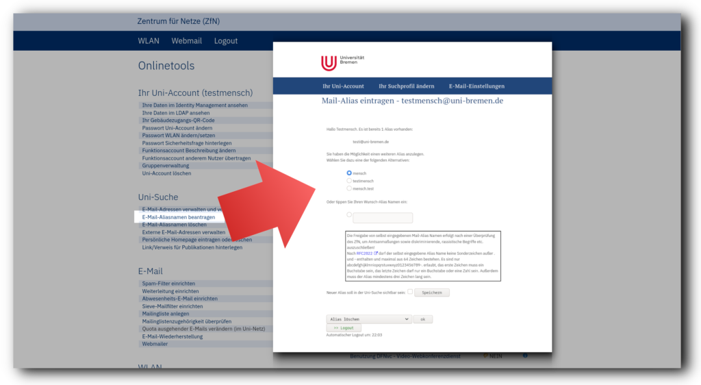 Screenshot der ZfN-Onlinetools und den Einstellungen für einen E-Mail-Alias