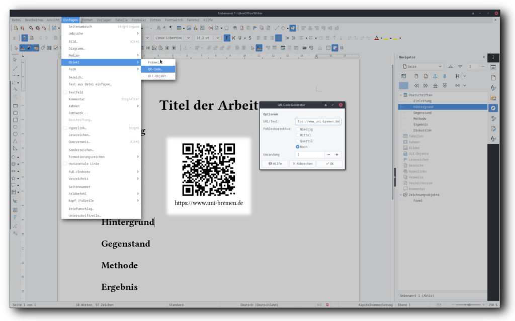 Screenshot von LibreOffice Writer und den Menüs zum Einfügen eines QR-Codes