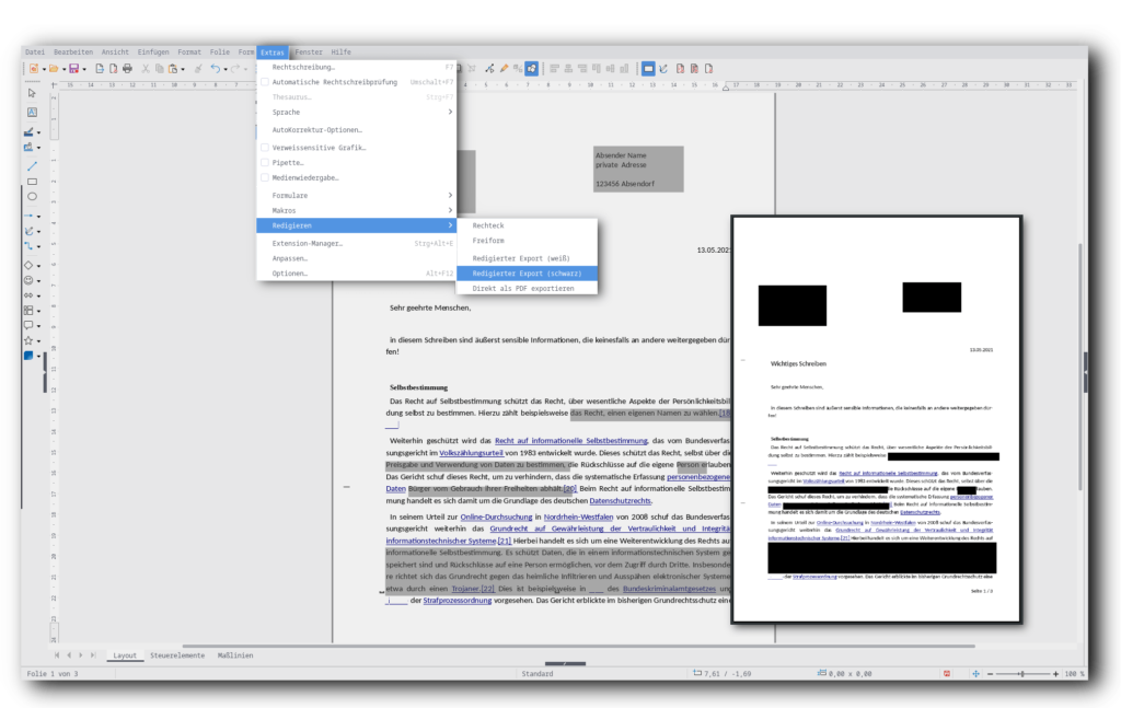 Screenshot von LibreOffice Draw und dem "Redigieren"-Feature, zum Schwärzen von Dokumenten, zu finden unter `Extras`,`Redigieren`