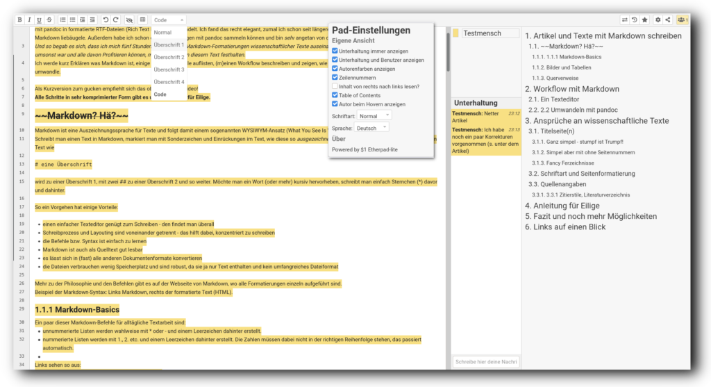 Screenshot von einem "StudIPad" (Etherpad) in Stud.IP mit aktiviertem Chat und Inhaltsverzeichnis