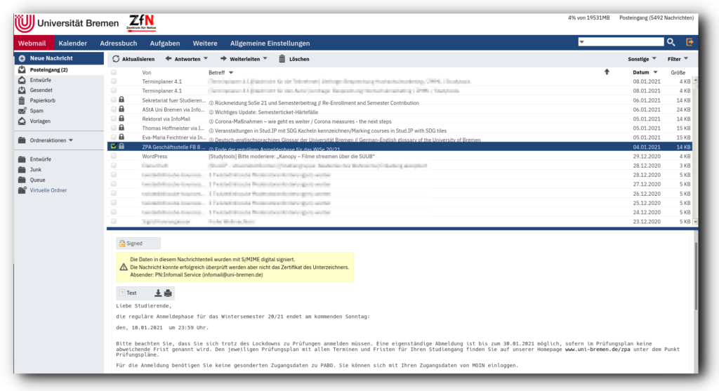 Screenshot des ZfN-Webmailers in der Rubrik "Webmail" (E-Mails)