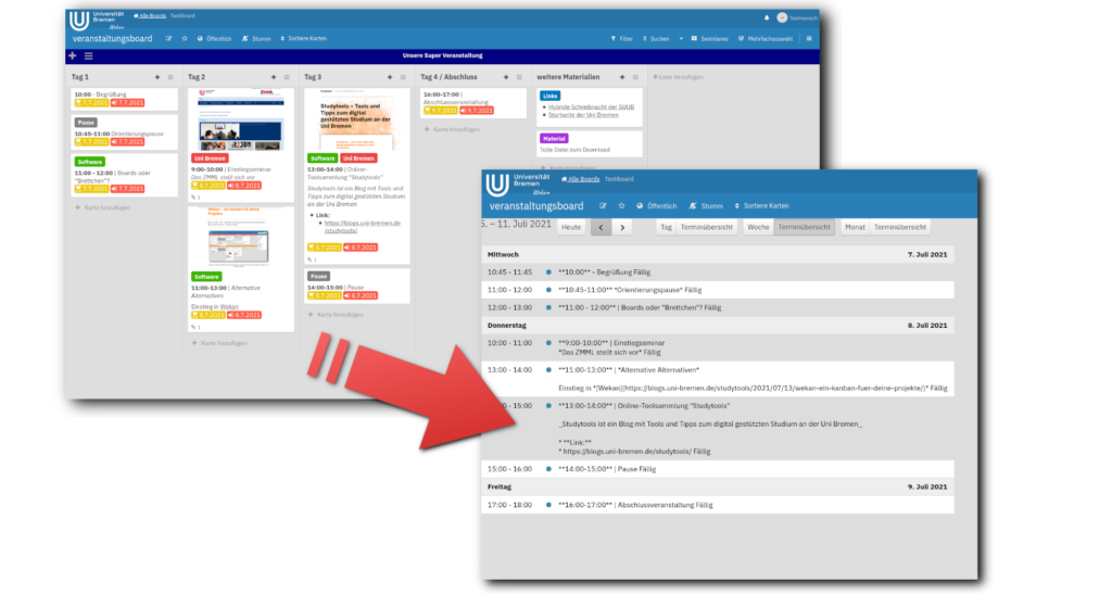 Screenshot einer Veranstaltungsplanung in Wekan als Liste und Termin-Übersicht