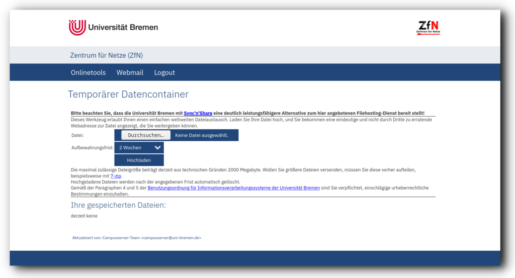 Screenshot des Temporären Dateicontainers bei den ZfN-Onlinetools
